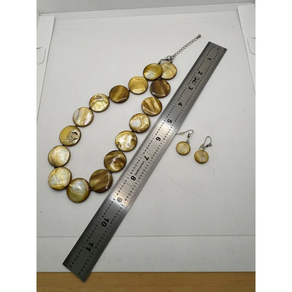 Golden Brown Shell Disc Statement Necklace & Matching Drop Earrings Jewelry Set